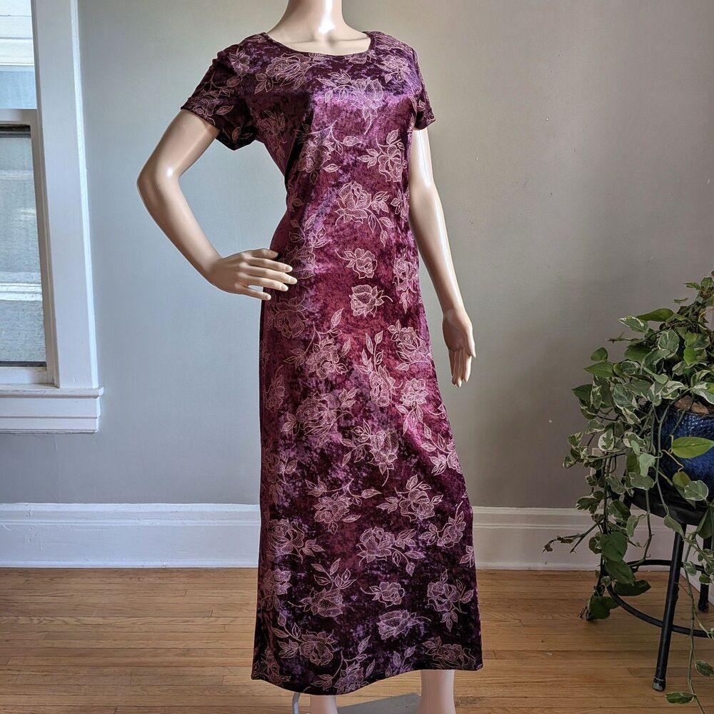 Vintage 90s Especially Yours Velvet Midi Dress Burgundy Floral Whimsigoth Size 7